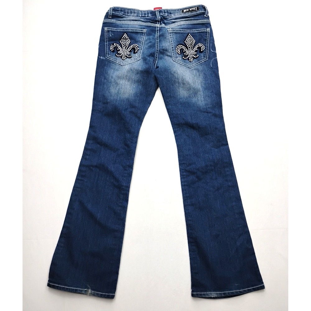 Red Rivet Boot Cut Blue Jeans Size 9 Thick Stitch Embellished Pockets 30x32